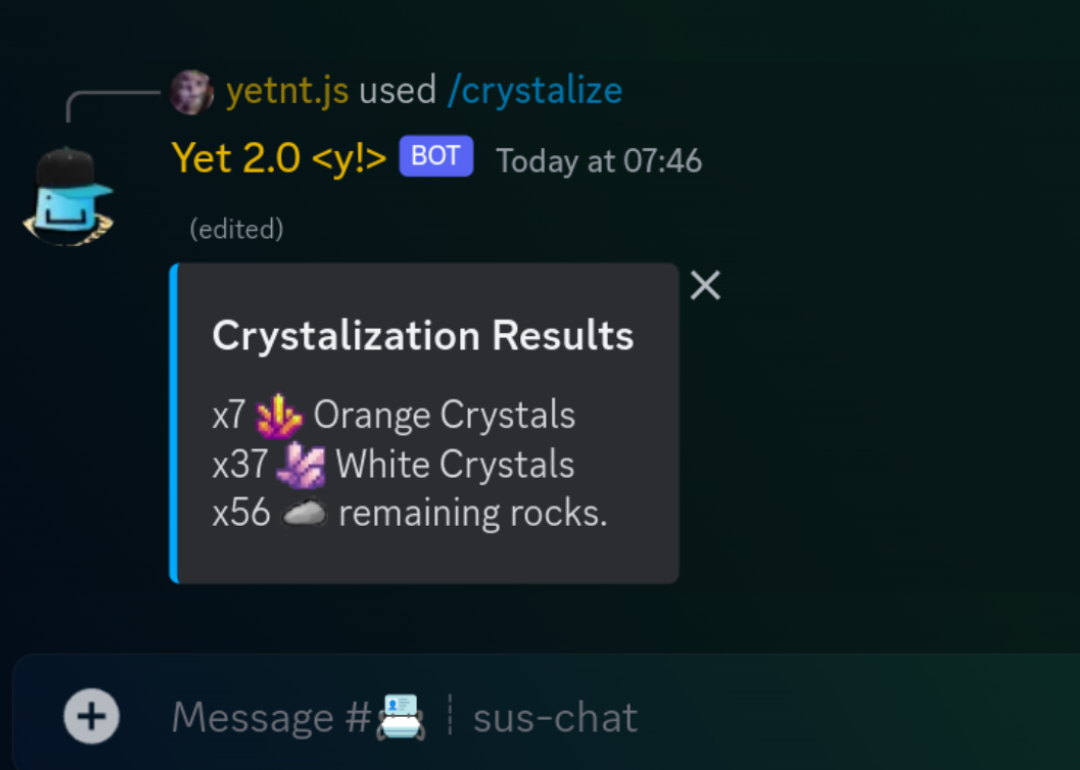 Image showing the use of the /crystalize slash command.